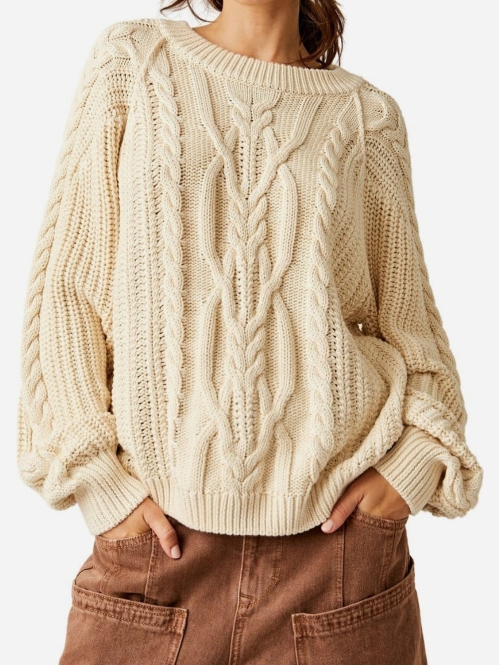 Free People Cream Cable-Knit Scoop Neck Sweater